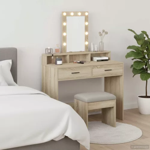 vidaXL Öltözködőasztal tükör lámpákkal Barna 100 x 41 x 140 cm Faanyag