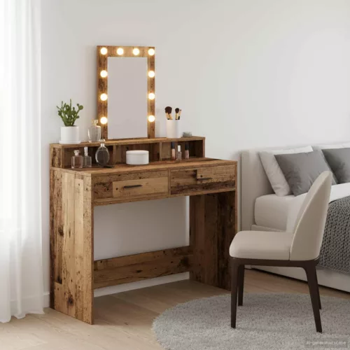 vidaXL Öltözködőasztal tükör lámpákkal Barna 100 x 41 x 140 cm Faanyag