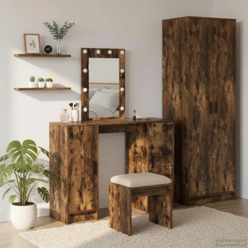 vidaXL Öltözködőasztal tükör lámpákkal Barna 102 x 33 x 135 cm Faanyag