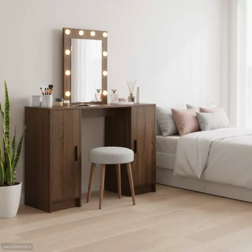 vidaXL Öltözködőasztal tükör lámpákkal Barna 102 x 33 x 135 cm Faanyag