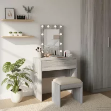   vidaXL Öltözködőasztal tükör lámpákkal Szürke 60 x 40 x 70 cm Faanyag
