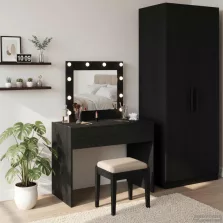   vidaXL Öltözködőasztal tükör lámpákkal Fekete 83 x 40 x 70 cm Faanyag