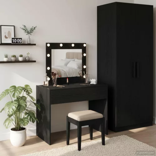 vidaXL Öltözködőasztal tükör lámpákkal Fekete 83 x 40 x 70 cm Faanyag