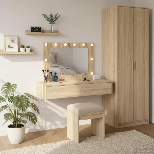 vidaXL Öltözködőasztal tükör lámpákkal Barna 100 x 40 x 70 cm Faanyag