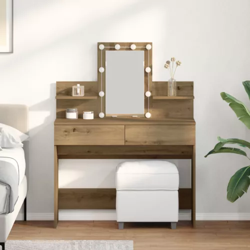vidaXL Sminkasztal LED világítással, Kézműves tölgy, 100x40x130 cm