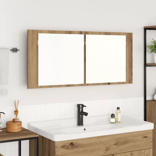 vidaXL LED Tükörszekrény Kézműves Tölgyfa 100x12x45 cm Mérnöki Fa