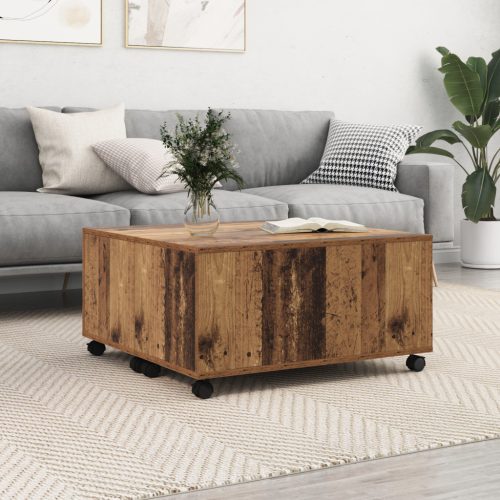 vidaXL Dohányzóasztal kerékkel tárolóval Régi fa 75 x 75 x 38 cm Faanyag