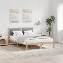   vidaXL Ágykeret fejtámlával Világosszürke 135 x 190 cm Tömör fenyőfa
