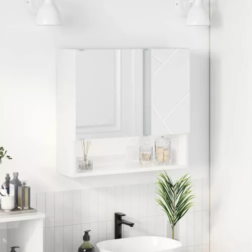 vidaXL Tükörszekrény ajtóval Magasfényű fehér 59 x 17 x 55 cm Faanyag
