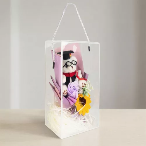 Műnövény dekoráció - napraforgó, macival - 14 x 10,5 x 26 cm