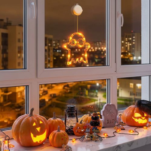 Halloween-i világító dekoráció - szellem - tapadókorongos - 12 LED - 20 x 18,5 cm - 3 x AAA