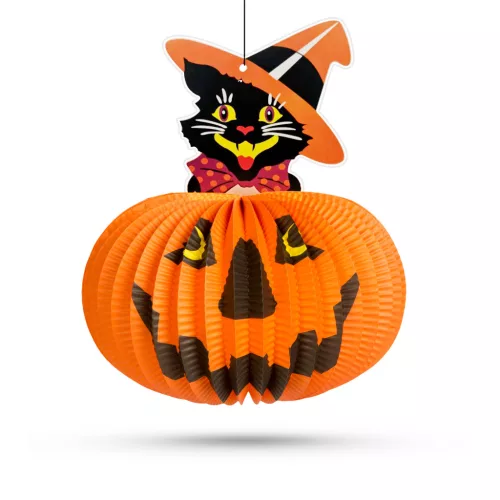 Halloween-i tökös lampion - macskával - akasztható - 26 cm