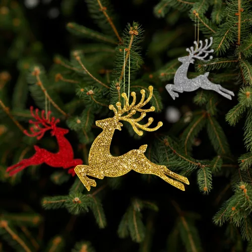 Karácsonyfadísz - glitteres rénszarvas - 12 cm - piros/arany/ezüst - 4 db / csomag