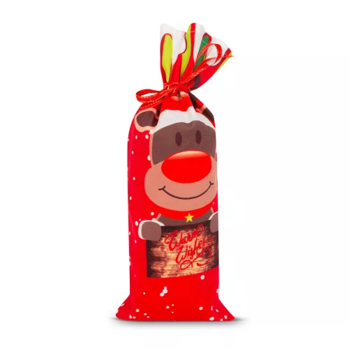 Karácsonyi italos üveg tartó szalaggal - rénszarvas - poliészter - 32 x 12,5 cm