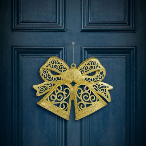 Karácsonyi dekoráció - masni - akasztható - glitteres arany - 35 cm