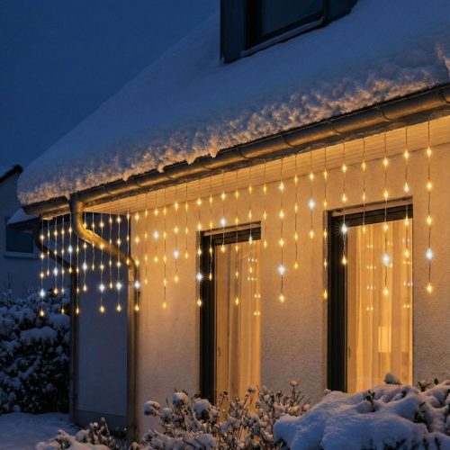 HOME KKF300D5M LED-es sziporkázó fényfüggöny, 300 db melegfehér DOT LED, átlátszó vezeték, hálózati adapter, kül- és beltéri kivitel