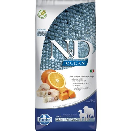 N&D Dog Ocean tőkehal, sütőtök&narancs adult medium/maxi 12kg