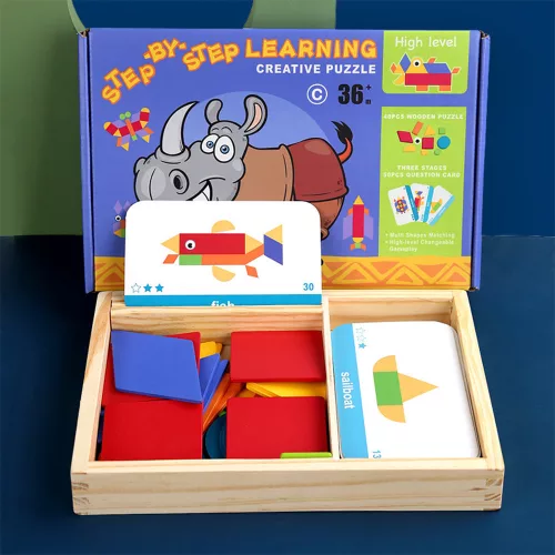 Mágneses tangram fajáték angol kártyákkal, haladó szint