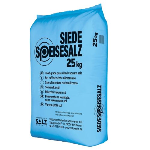 Vákuumsó, 25 kg/zsák, nagy tisztaságú, 99,9% nátrium-klorid, egyenletes szemcseméret, tapadásgátlóval
