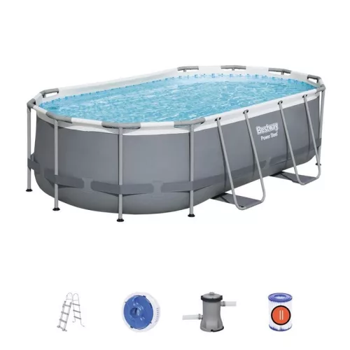 BESTWAY Power Steel csővázas medence szett, 427 × 250 × 100 cm, ovális, papírszűrős, létrával, ChemConnect adagolóval, javítótapasszal (56620)