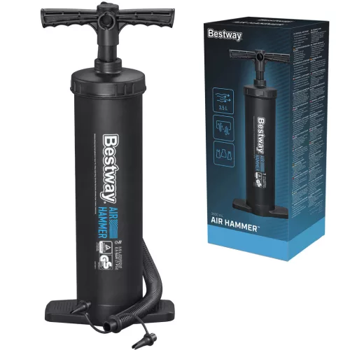 Kézi pumpa, BESTWAY, fekete, 3,5 l/ciklus, 48 cm, dugattyús, felfújás és leeresztés funkció, 3 cserélhető fúvóka, rugalmas tömlővel (62030)