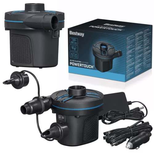 Elektromos pumpa, BESTWAY PowerTouch, fekete, 30 W, 220–12 V, 490 l/perc, 11,3 x 10,1 x 10,7 cm, 3 cserélhető fúvóka, felfújás és leeresztés funkció (62255)