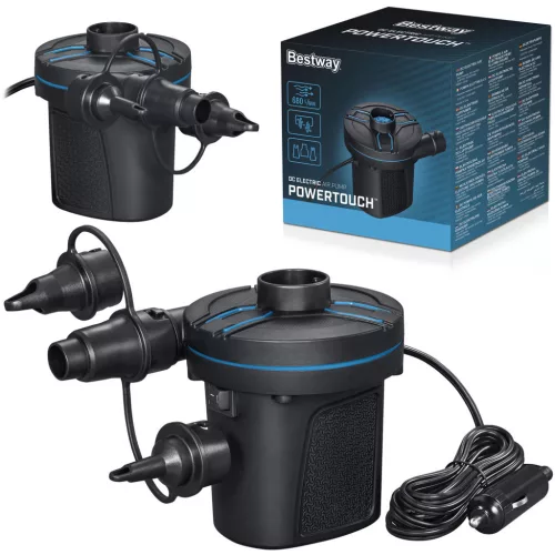 Elektromos pumpa, BESTWAY PowerTouch, fekete, 96 W, 12 V, 680 l/perc, 11,3 × 10,1 × 12,2 cm, 3 cserélhető fúvóka, felfújás és leeresztés funkció (62257)