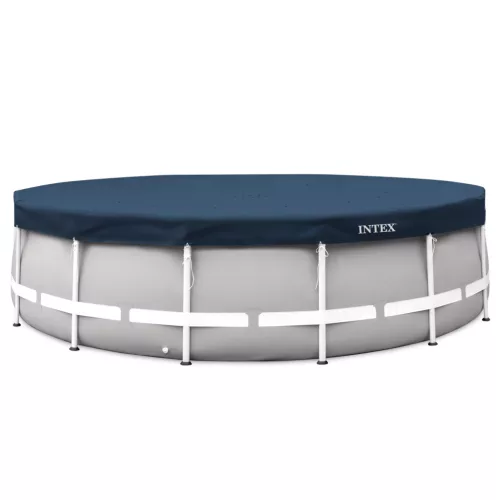 Kerek medencetakaró, Intex Deluxe négyévszakos, csővázas medencéhez, 457 cm átmérő, sötétkék, UV-álló háromrétegű anyag, 20 cm-es túlnyúlással, köteles rögzítéssel (28083)