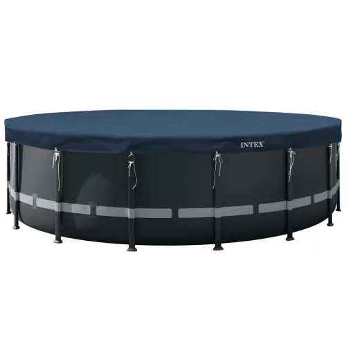 Kerek medencetakaró, Intex Deluxe négyévszakos, csővázas medencéhez, 488 cm átmérő, sötétkék, UV-álló háromrétegű anyag, 20 cm-es túlnyúlással, köteles rögzítéssel (28084)