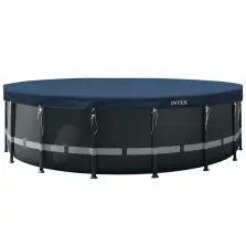   Kerek medencetakaró, Intex Deluxe négyévszakos, csővázas medencéhez, 549 cm átmérő, sötétkék, UV-álló háromrétegű anyag, 20 cm-es túlnyúlással, köteles rögzítéssel (28085)